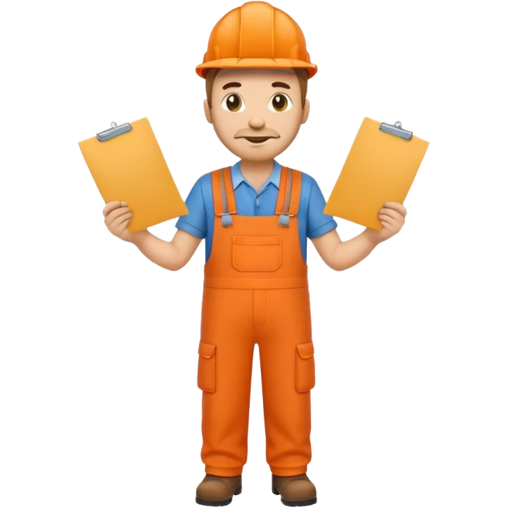 emoji style railway engineer full body in orange overalls, carrying one piece of paper with both hands in front of him emoji