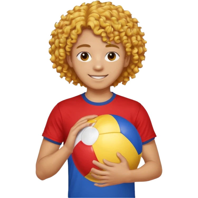 una persona de 18 años marron clarito con el pelo amrillo rizado con una camiseta roja y azul con un logo circular dorado y levantando un balon de playa emoji