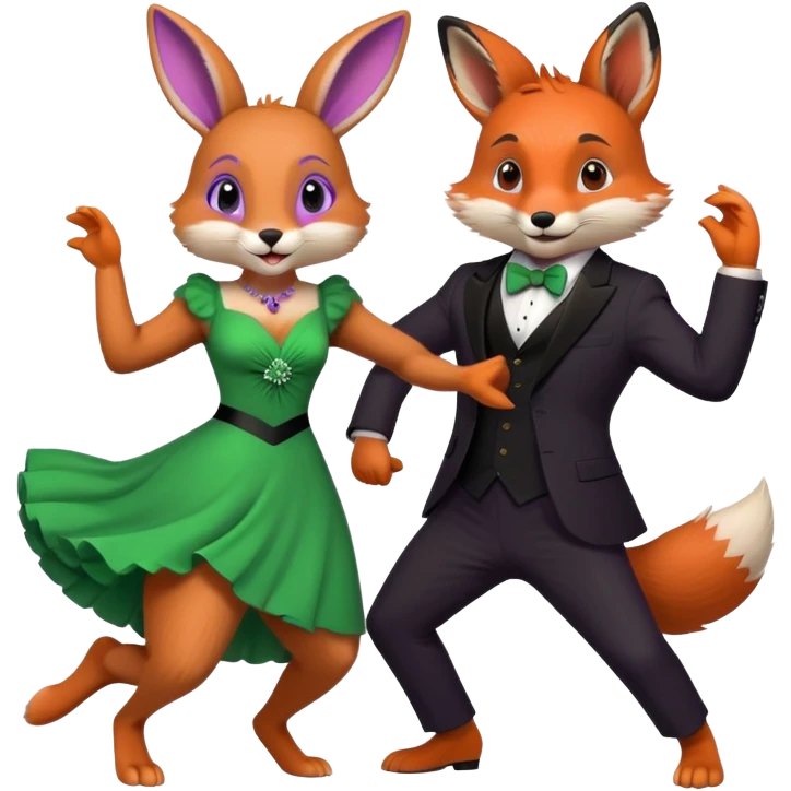 Purple bunny in a green dress and fox in a black suit dancing  emoji