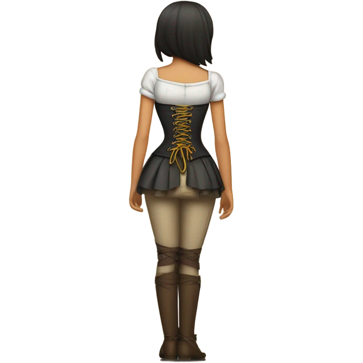 the girl stands with her back to her and an old corset is tied around her  emoji