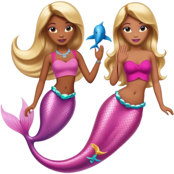 Brown skin blonde hair barbie mermaid with pink tail and dolphin  emoji
