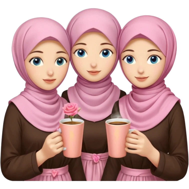 Turkish beautiful finish Konya three girls blue eyes with pink rose and turkis butter yellow hijab islamic dress and had on her hand turkish coffee   emoji