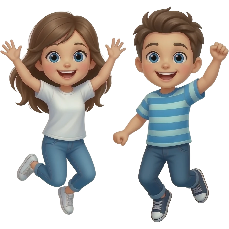 dos hermanos pequeños, una chica con ojos azules y cabello avellana saltando de alegria con una camiseta i unos pantalones  con su hermano de pelo castaño con ojos azules saltando de alegria emoji