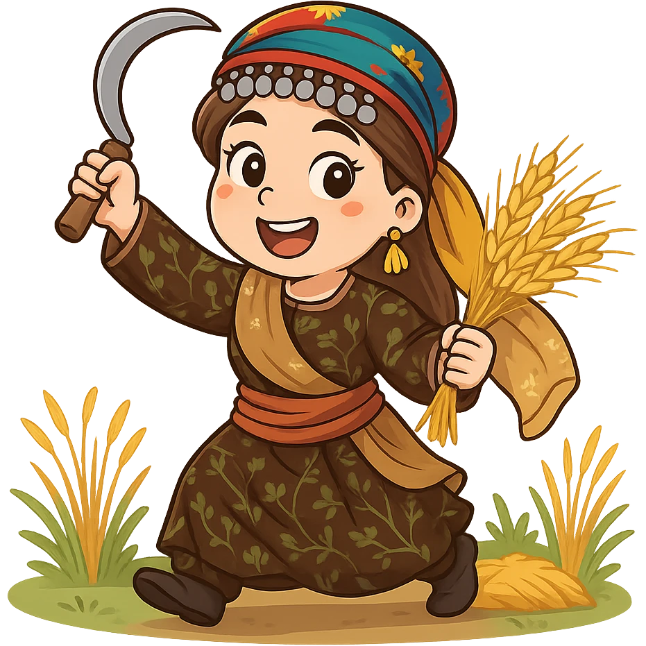 Kurdish cartoon sticker of the same woman in the new dress, working in a farm, holding a sickle or watering plants, energetic, no text, transparent background emoji