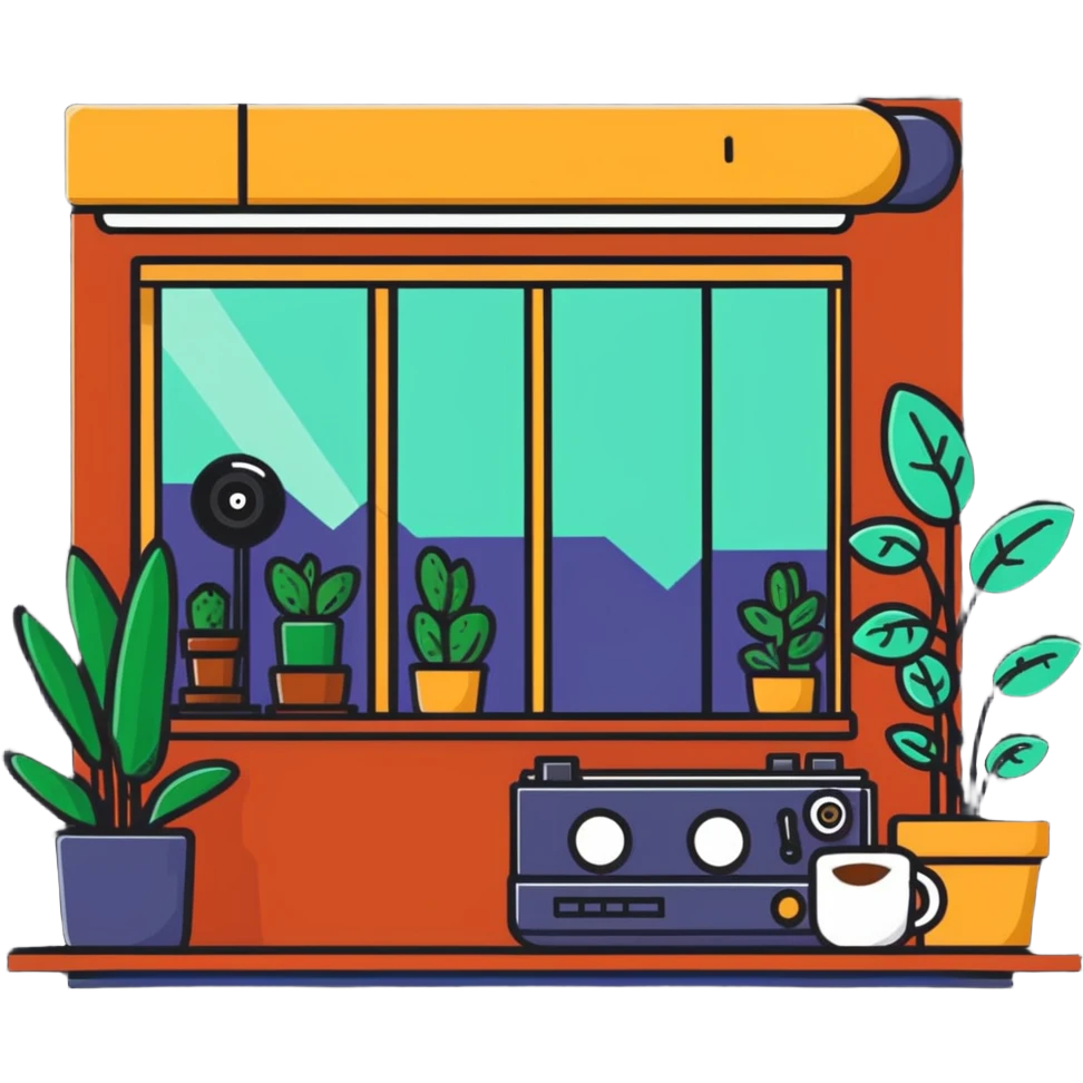 cozy indie coffee shop with plants and record player emoji