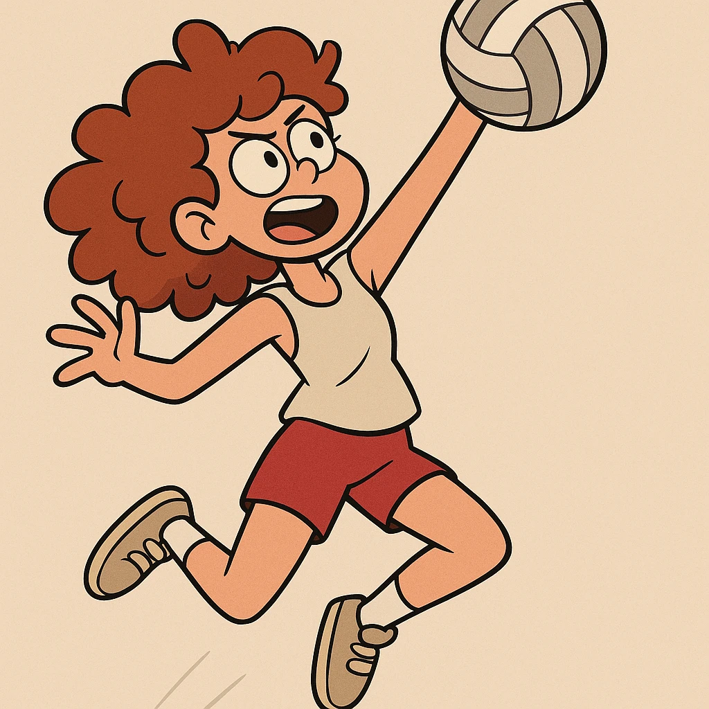 curly haired girl playing volleyball, jumping to spike, cartoon style emoji