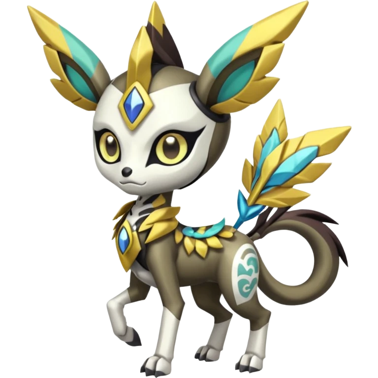 Arrow-patterned chevron-marked Cute Big-eyed anime-styled Colorful Shiny Tribal Skeletal masked armored Meloetta-Silvally-Solgaleo-Raikou-Pokémon-Digimon-Fakémon-fusion-hybrid-creature, full body emoji