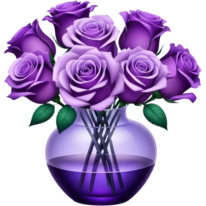 "A bouquet of purple roses in shades from soft lavender to deep violet, arranged in a translucent glass vase with subtle reflections."
 emoji