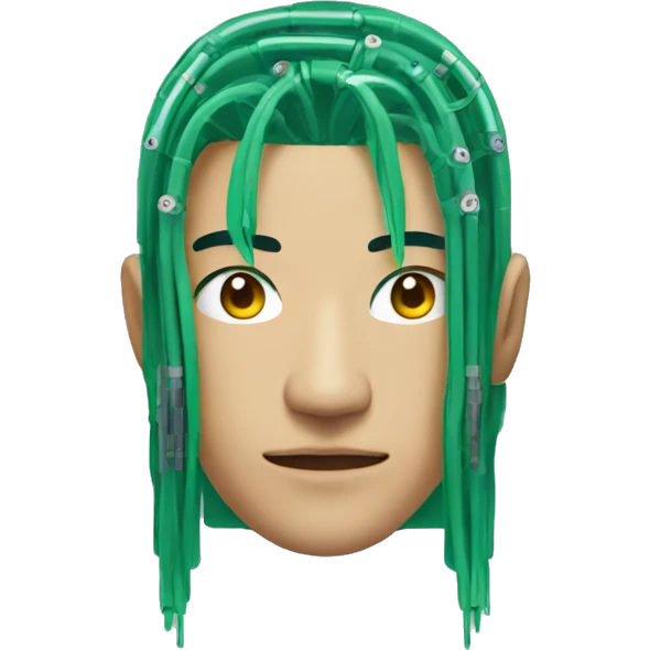 Head of Asian male cyborg with long green hair and circuits emoji
