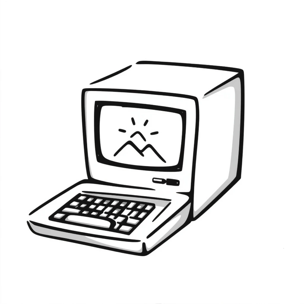 Pixel art style old Macintosh computer, simple monochrome linework emoji