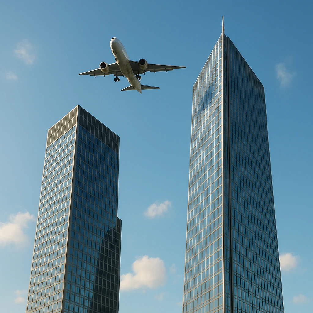 two skyscrapers and a plane that flyes to them, realism style, summer emoji