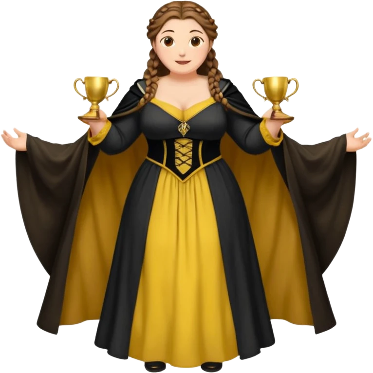 Helga Hufflepuff,brown-haired,2 braids,yellow-black medieval open dress,deep neckline,fat macromastia,black cloak decorated with gold braiding,gold cup with two handles,very kind smile,curvy busty sweet woman,round rosy cheeks,full length with medieval shoes emoji