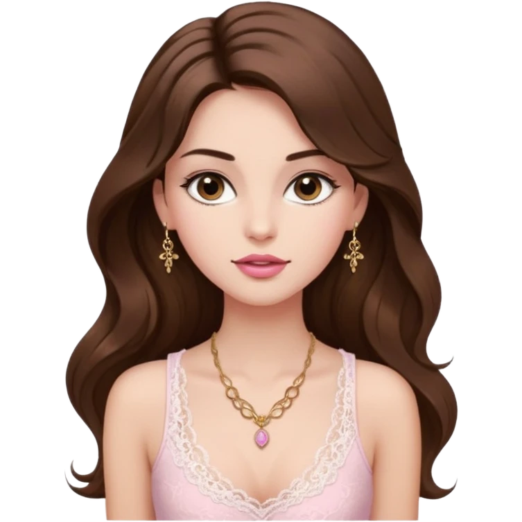 fair-skinned girl with dark brown, slim shaped eyes and long lashes. long, brown hair styled in a voluminous, wavy blowout. wearing a delicate white lace tank top and a dainty gold necklace, plump pink lips. emoji