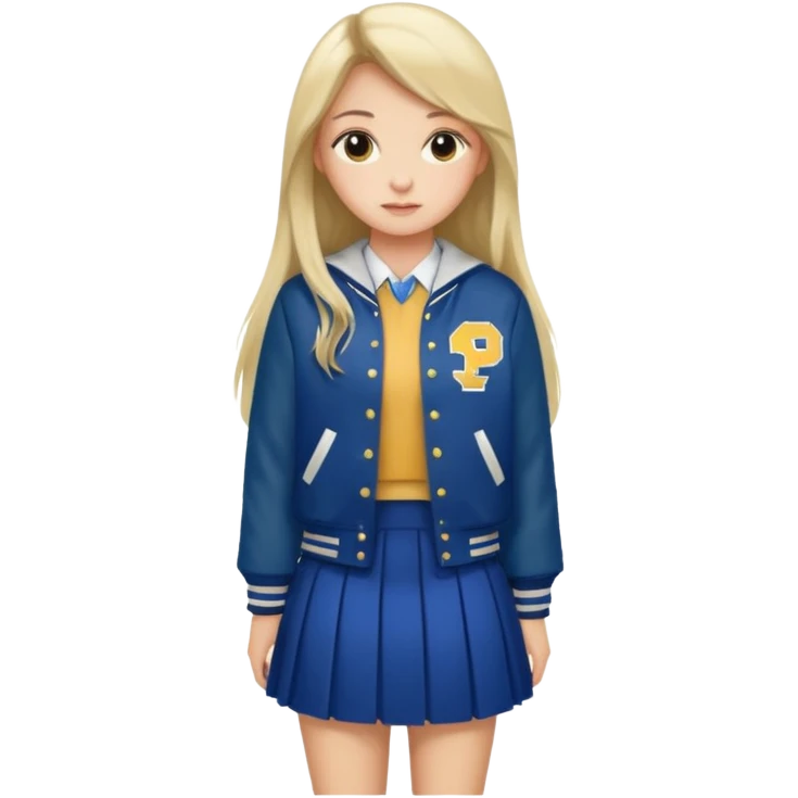 long hair girl with varsity jacket and skirt emoji