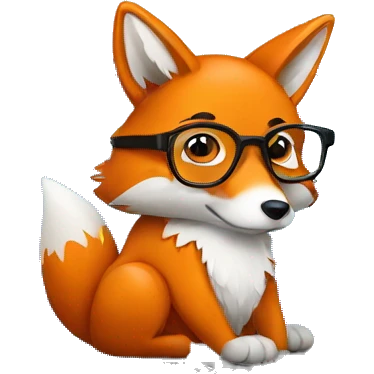 Fox is sitting at a table with a laptop, wearing glasses emoji