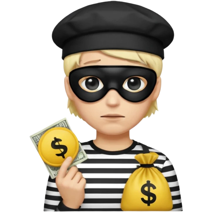 Realistic ios emoji-style portrait of a classic burglar, a black eye mask and a black-and-white striped shirt. emoji-like hair, black hat, a bag of money 💰 with a dollar sign in a right corner, mean expression  emoji