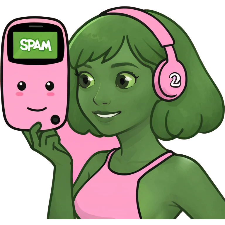 girl scrolling on pink SPAM phone emoji