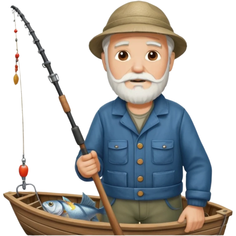 an old white haired, bearded man in fisherman attire, stood in a boat at sea, holding a fishing rod and catching fish with it. emoji