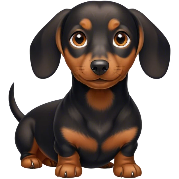 Cinematic Cute black and tan Dachshund Portrait Emoji, Head tilted playfully and inquisitively, featuring a glossy black and tan coat with a sleek sheen, round, sparkling brown eyes filled with curiosity, Simplified yet irresistibly adorable features, highly detailed, glowing with a warm, friendly glow, high shine, affectionate and spirited, stylized with a touch of whimsy, bright and endearing, soft glowing outline, capturing the essence of a mischievous yet loving pup, so playful it feels like it could dash out of the screen and into your arms! emoji