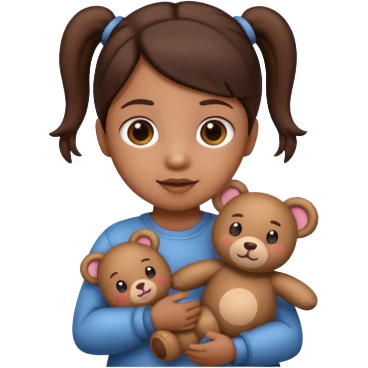 Toddler emoji with two pigtails dark brown hair holding stuff emoji