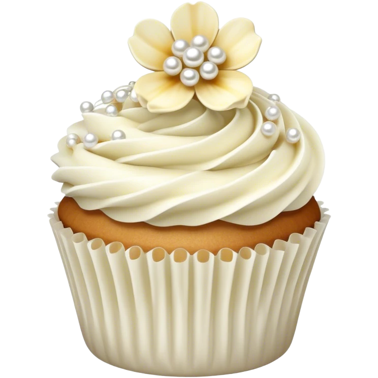 Realistic white and cream wedding cupcake with vanilla icing, sugar flowers, pearls  emoji