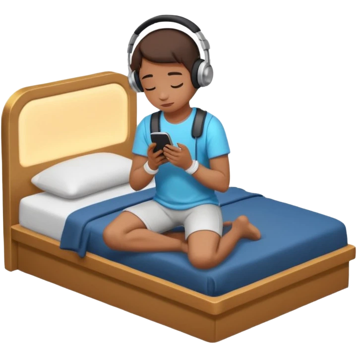 Gen Z person kneeling by bed, praying at night, headphones on, phone glowing emoji