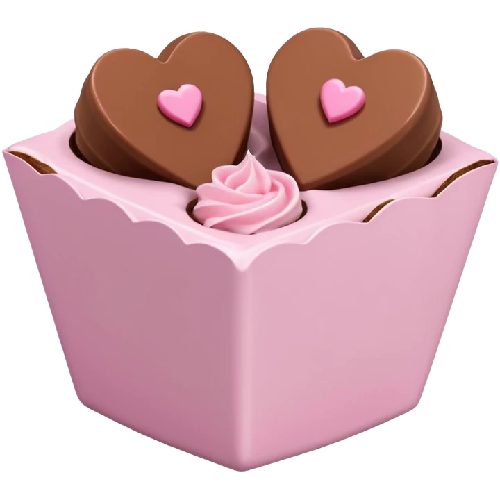 Two square milk chocolate , Each praline is a sharp-edged cube with smooth glossy chocolate coating, placed in a small white fluted paper candy cup. On top of each cube is a flat pastel pink heart-shaped icing emoji
