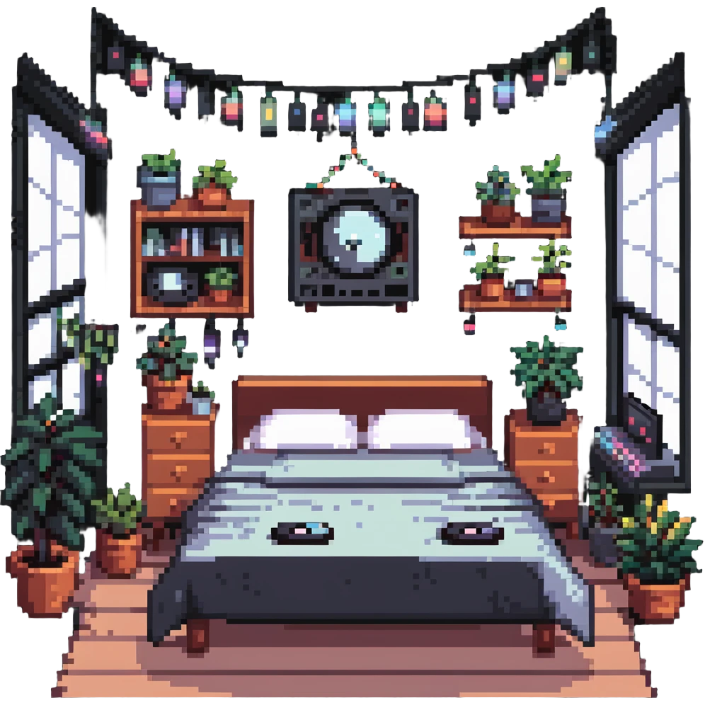 indie bedroom with fairy lights, plants and vinyl records emoji