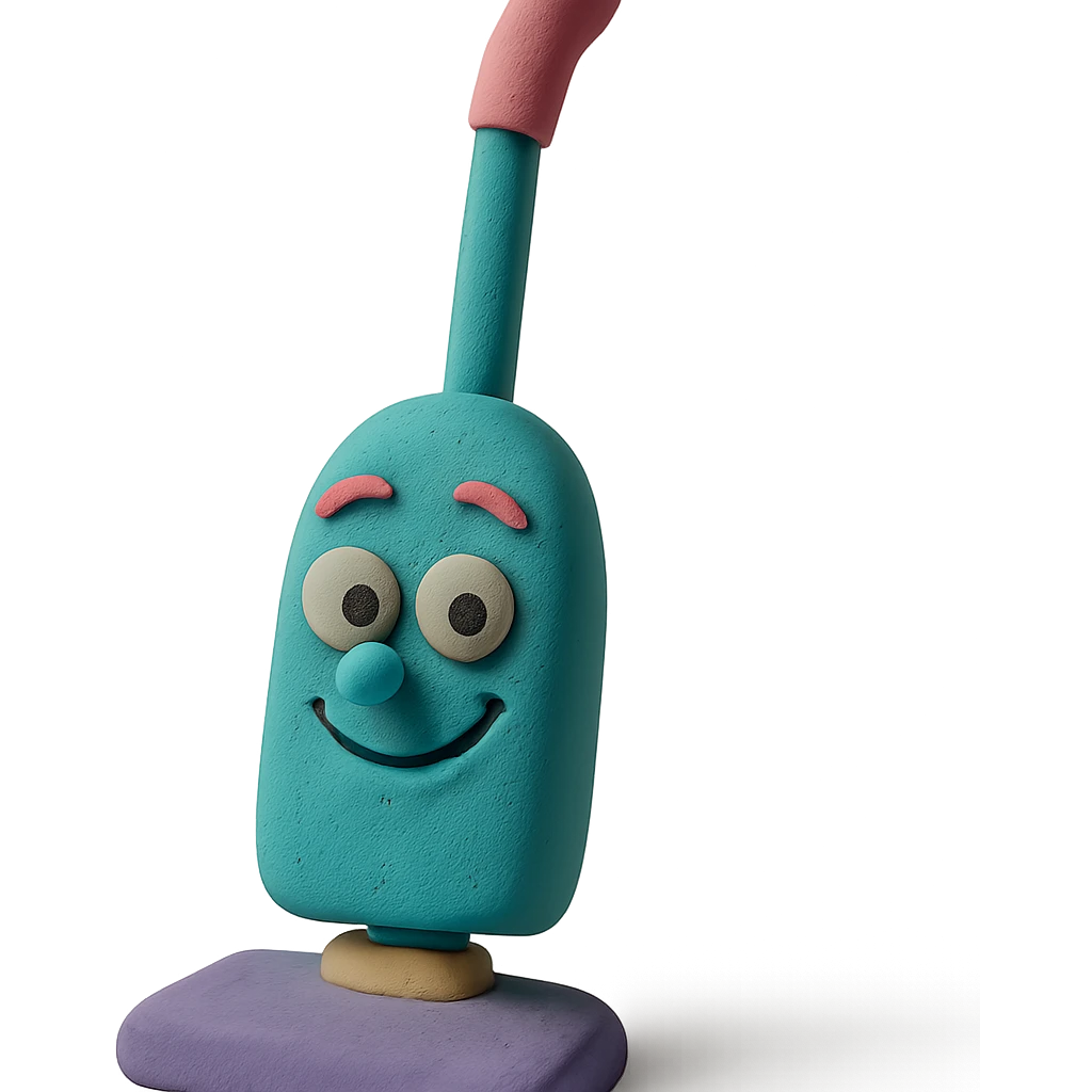 upright vacuum with playful expression in claymation style with pastel colors emoji