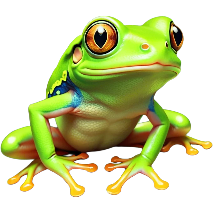 Cinematic Comical Green Tree Frog Portrait Emoji, Head tilted dramatically with an exaggeratedly amused expression, featuring a small, vibrant green body with wide, comically expressive eyes and quirky, textured skin, Simplified yet hilariously expressive features, highly detailed, glowing with a slightly sassy jungle glow, high shine, dramatic yet playful, stylized with an air of cheeky tropical mischief, soft glowing outline, capturing the essence of a meme-worthy green tree frog that looks ready to leap its way into viral fame! emoji