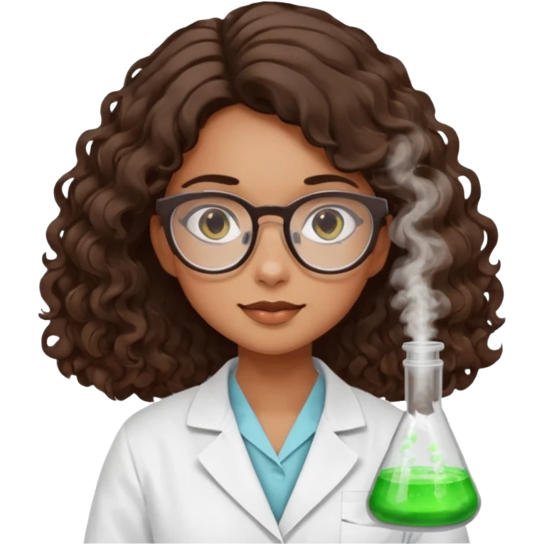 bratz doll with long loose curly dark brown hair, that reaches her lower back glasses that are round cat eye vibes, in a lab coat mixing beakers that glow shes a 4th grade girl emoji