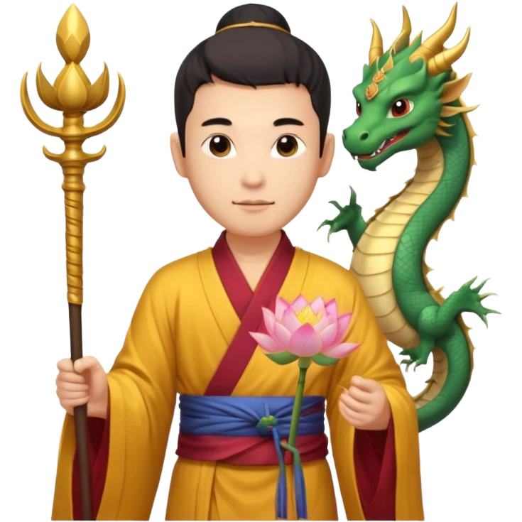 man with asian dragon, scepter, buddhism, lotus emoji