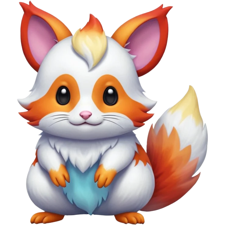  Shiny iridescent light warmly colored reddish-orange-gold-gradients neon vibrant colorful pastel flourishing flurry fuzzy Absol-Minccino-Furret-Zangoose-Chinchilla-fusion-animal-Fakémon-hybrid-creature, by griffsnuff emoji