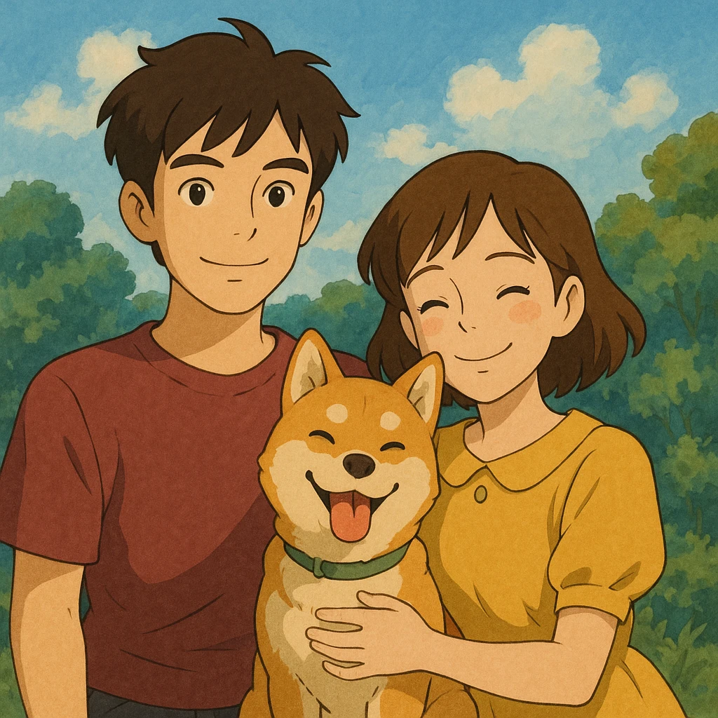 couple with pet posing for photo emoji