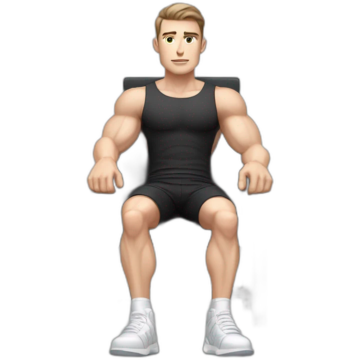 Pale skinned Fit Man With the biceps and dark brown hair in black shirt, gray sports shorts and white Sneakers Sitting on a chair emoji