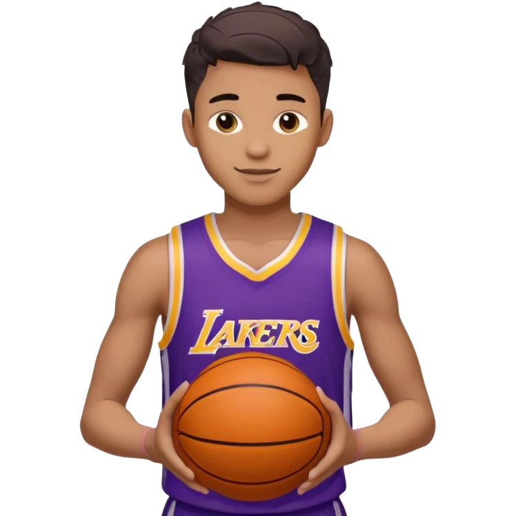generate an ios genmoji of a handsome dark 20 year old in a purple lakers basketball jersey, basketball in hand, smirking emoji