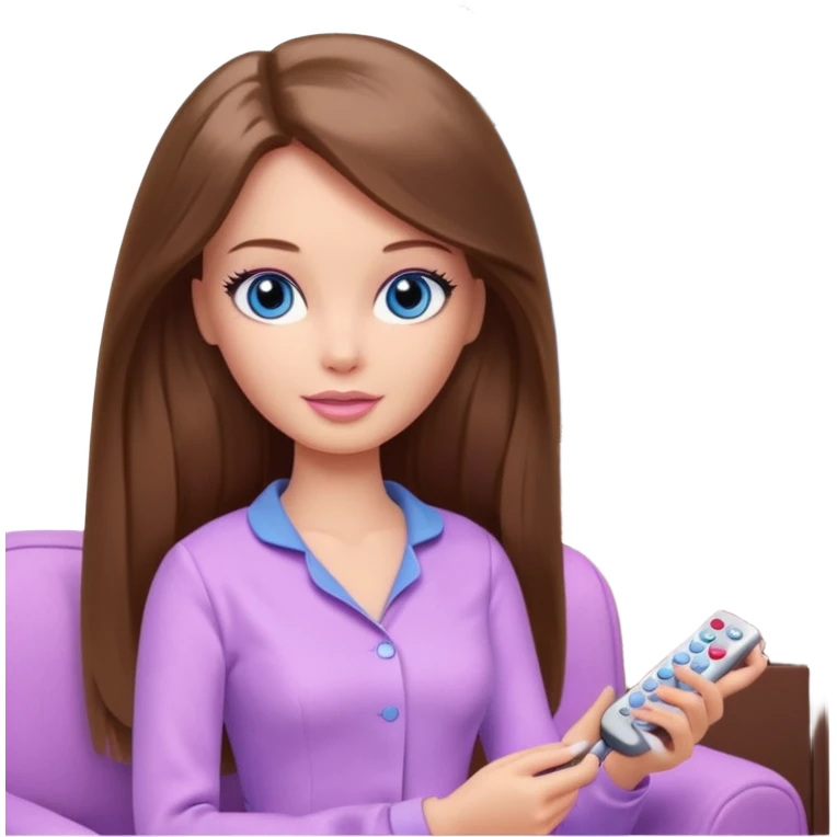beautiful barbie girl with long brown hair, blue eyes and wearing light purple clothes watching tv shows emoji