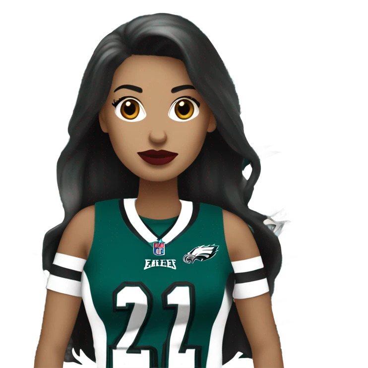 White female long dark hair red lips wearing Philadelphia Eagles jersey emoji