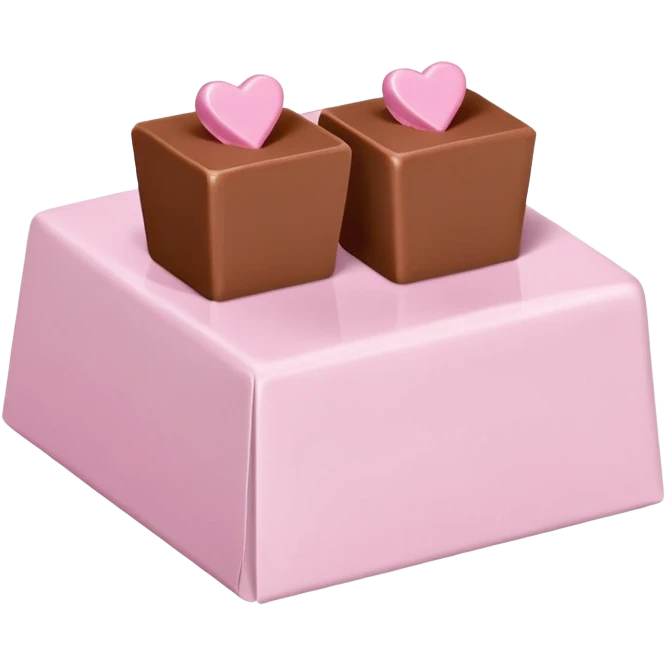 Two square milk chocolate , Each praline is a sharp-edged cube with smooth glossy chocolate coating, placed in a small white fluted paper candy cup. On top of each cube is a flat pastel pink heart-shaped icing emoji