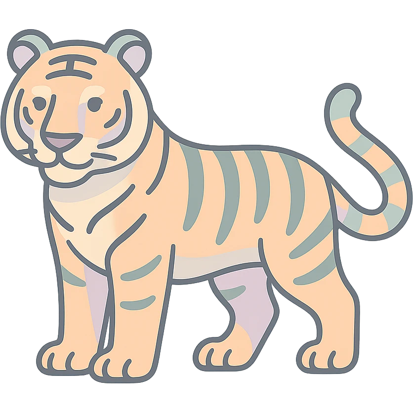 Create an icon-color-outlined style illustration of a tiger as the symbol of the year according to Feng Shui, in a Chinese Eastern style. Use thin, clean contours and soft rounded shapes. Apply a pastel palette with colors #98B5BC, #B5B3C1, #C9A3C9, #E4C0CA, #F7DCD1, #F7C0AA. Include detailed shadows and highlights with soft lighting. The background should be transparent. The style should be less cute and without decorative elements. The silhouette and appearance should match the provided reference. emoji