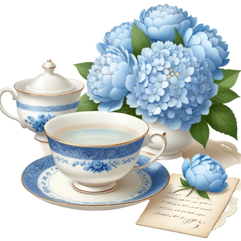 A serene still life of a vintage porcelain teacup with delicate blue floral patterns, resting on a lace tablecloth, accompanied by a handwritten love letter tied with a pearl ribbon and surrounded by white peonies and pale blue hydrangeas. emoji