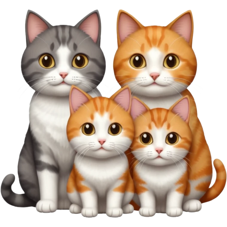 3 different coloured short haired cats, including a dark brown tabby and white cat, and a dark grey and white and a ginger and white emoji