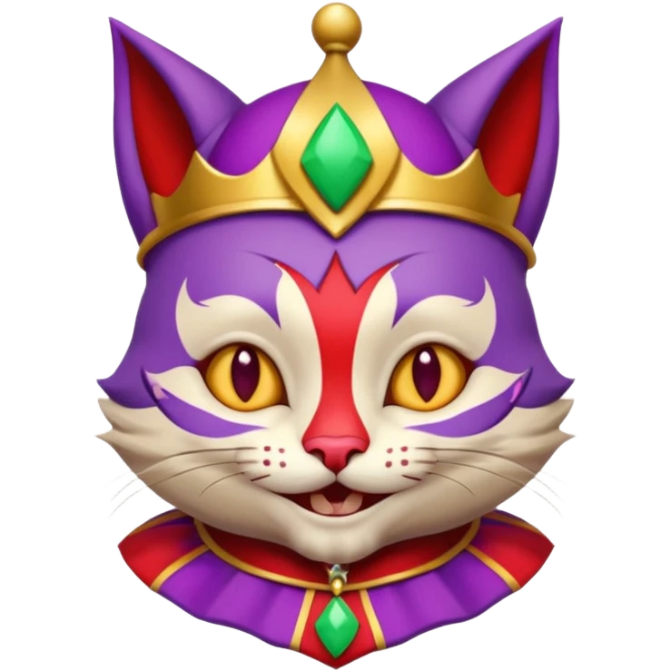 crazy colorful cute little cat jolly joker from poker, medieval, vintage, court jester, mac os icon, purple, gold and red color, half body emoji