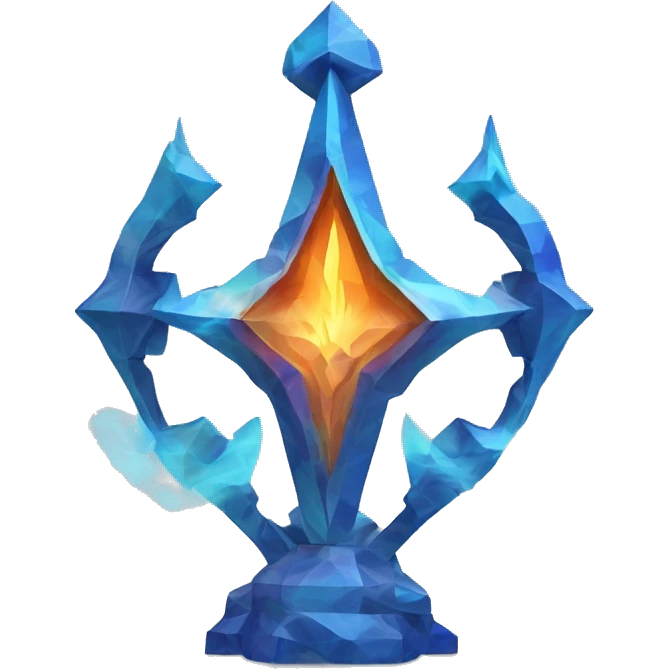 A Sagittarius symbol sculpture with a geometric, faceted design. The symbol is standing upright with angular and baroque features. The vibrant blue flame colors highlights the sharp edges and planes. emoji