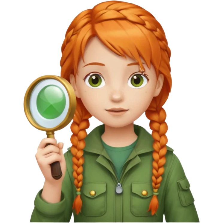braid orange haired girl kid in green explorer outfit, holding magnifying glass emoji