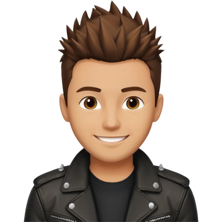 man in his 30s, short spiky brown hair, wearing a leather jacket, smiling emoji