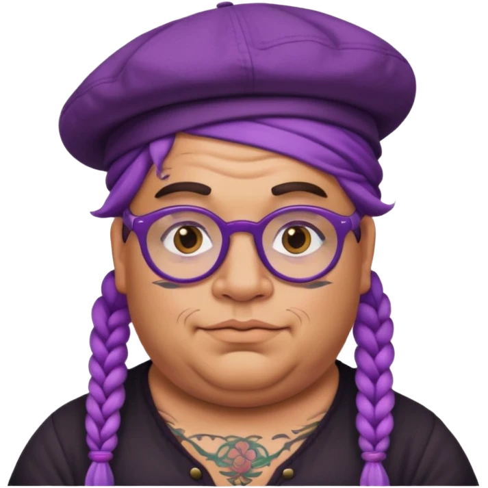 very tattoed face, normal glassess, fat venice gondolier with iconic hat and purple thick braided hair emoji