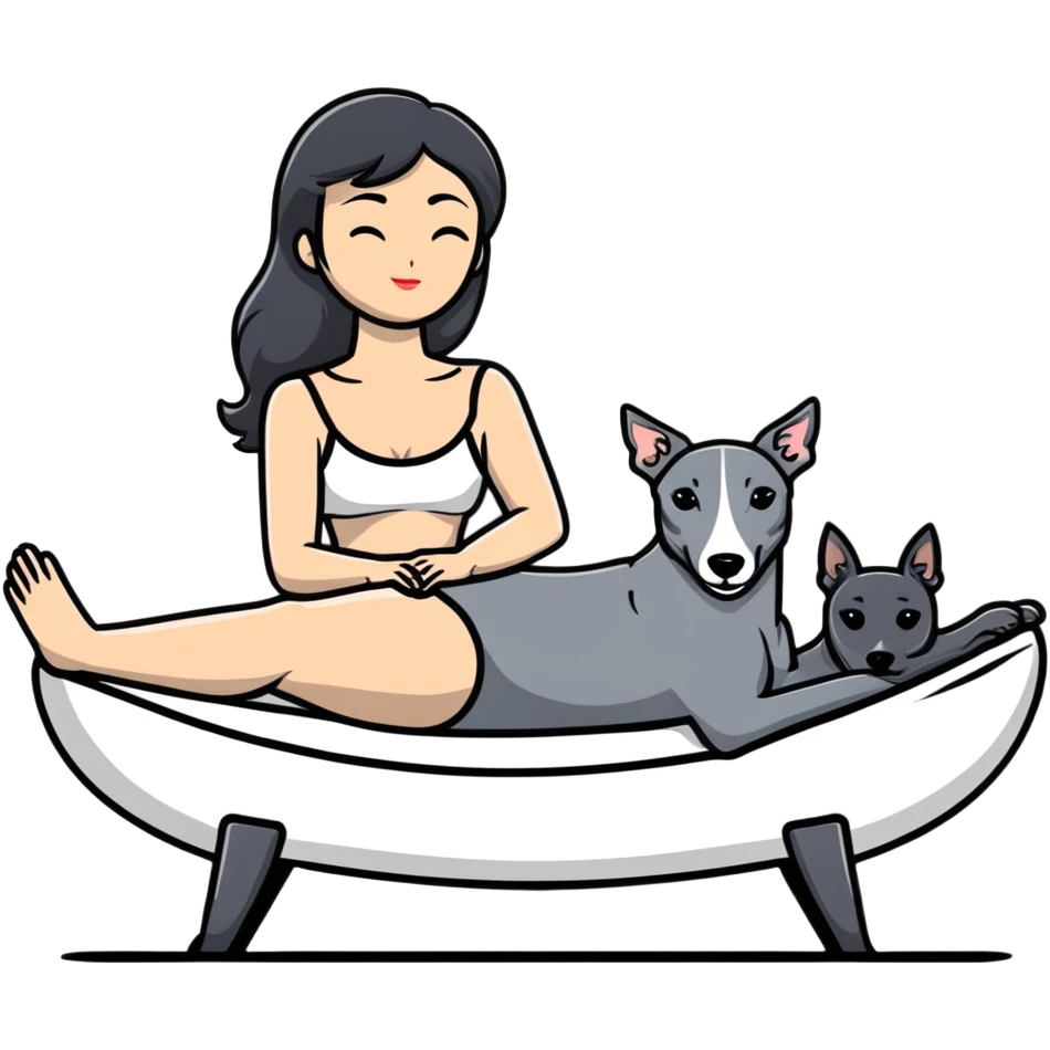 Very thin Chinese woman with long black hair relaxing on a spa lounger with exactly ONE whippet dog. CRITICAL REQUIREMENT: the whippet must be ONE SOLID VERY DARK CHARCOAL GREY (almost black-grey) COLOR from nose to tail with NO WHITE or LIGHT AREAS anywhere - NO white face, NO white muzzle, NO white chest, NO white paws, NO white tail tip - NOTHING BUT A SINGLE SHADE OF VERY DARK GREY throughout the entire animal emoji