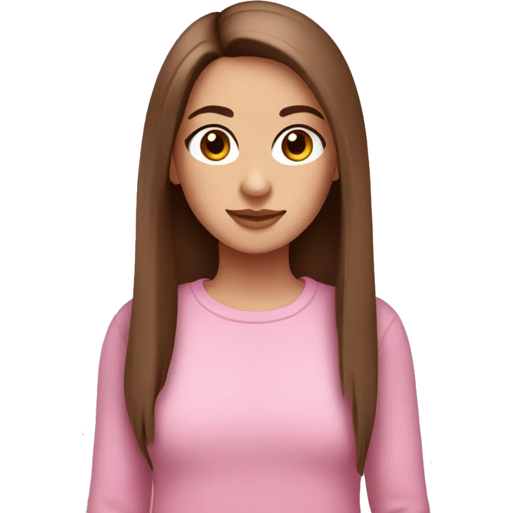 white girl with straight brown hair and brown eyes wearing a pink jumper with ling eyelashes emoji