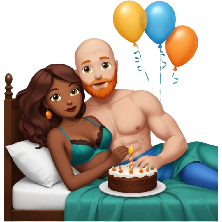 Muscular Bald white male who has a orange beard & blue eyes, kissing curvy African American dark brown woman who has long brown black hair wearing dark green lingerie Laying in bed with chocolate birthday cake and balloons  emoji